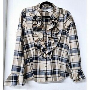 HARVE BENARD Brown Blue Plaid Long Sleeve Button-Up Ruffled Women Shirt (M)